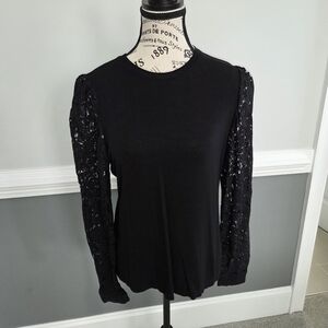 Elie By Elie Tahari Black Long Sleeve Top With Lace Sleeve Detail